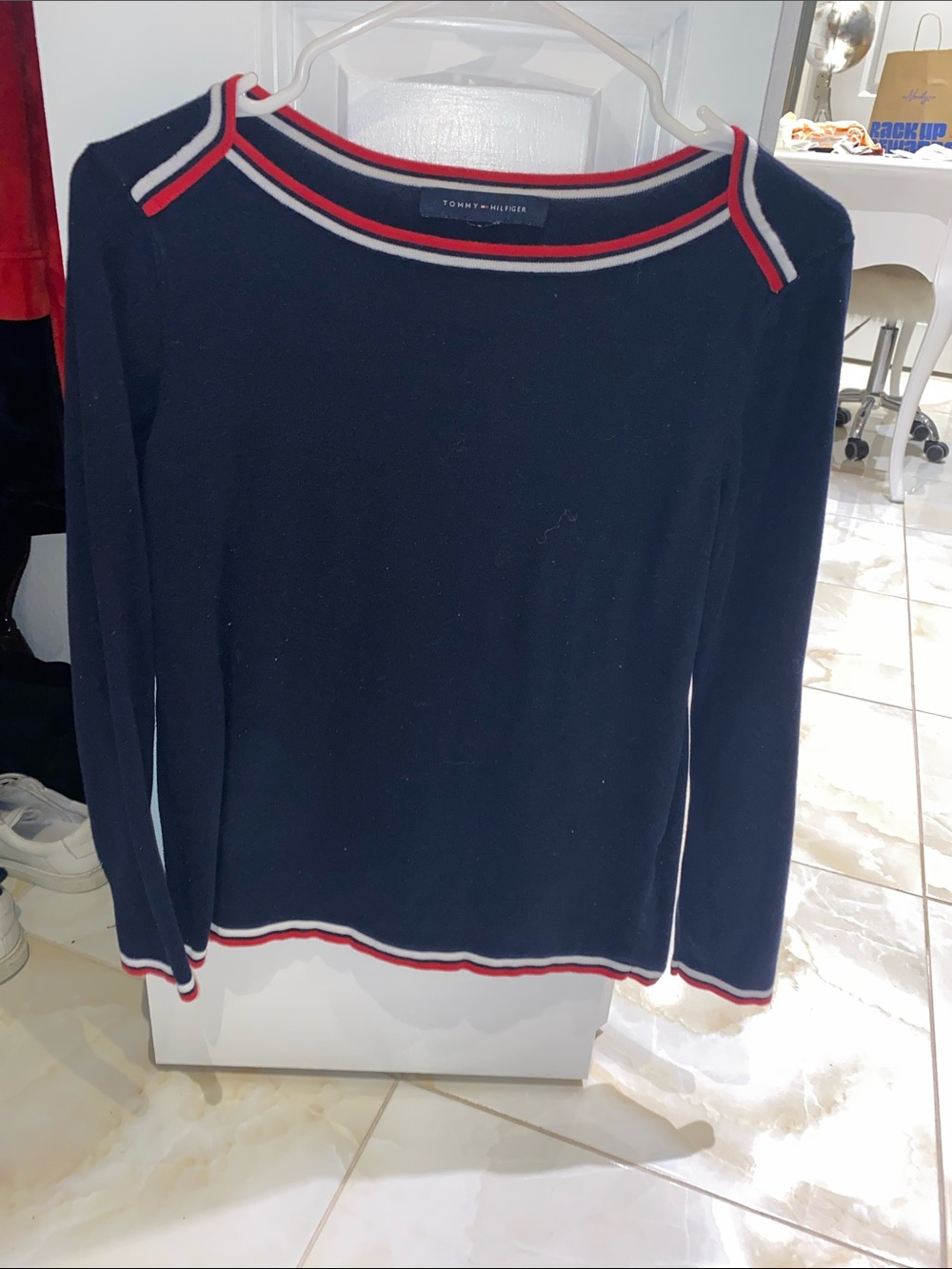 Tommy Hilfiger Navy Long Sleeve Top with Red and White Trim